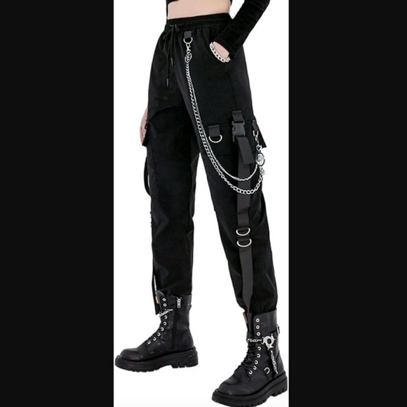 Cargo Pants L NWOT Loose Street Rock Casual Black Pants Chain Goth Black Emo - Picture 7 of 7